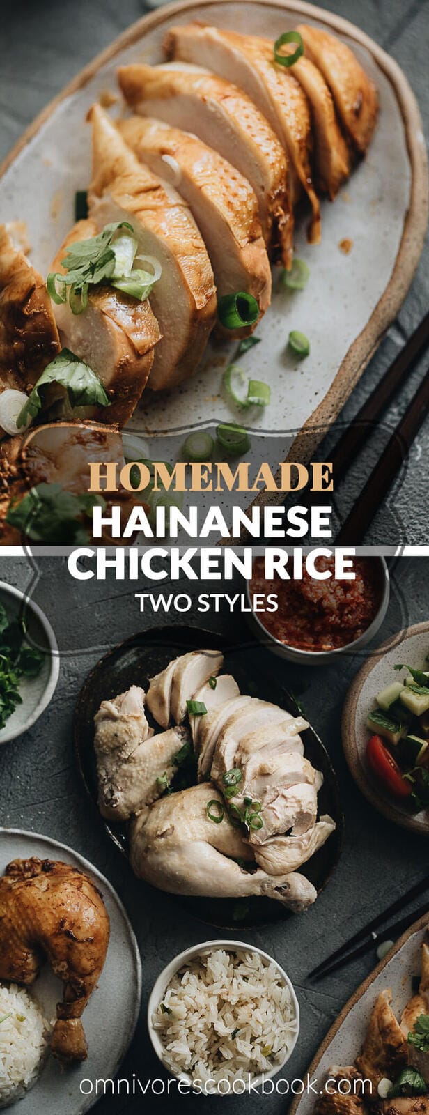 Homemade Hainanese Chicken Rice two ways - the original and the soy sauce version, served with rice, soup, and a salad.