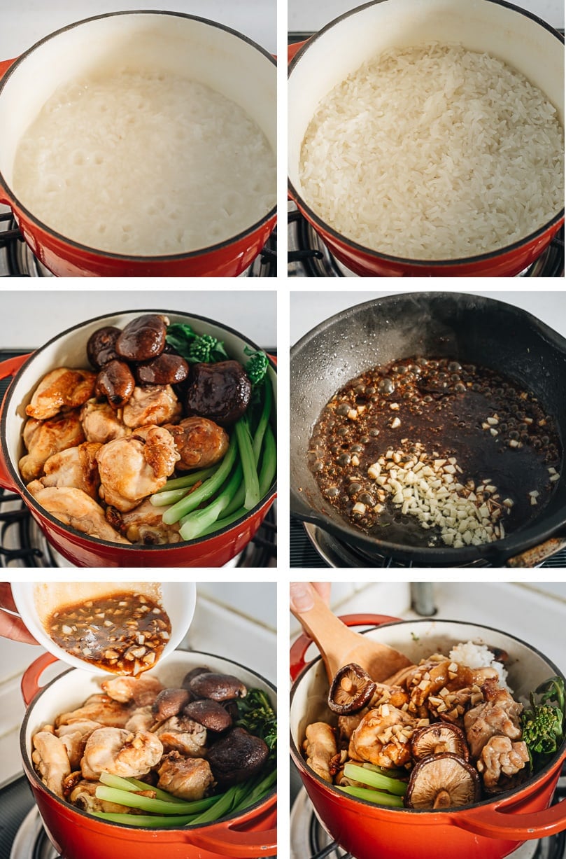 Clay Pot Chicken Rice - This clay pot chicken rice is so addictive! Beyond the greatness of the tender and moist chicken, the rice absorbs all the extract from the mushrooms and chicken grease, and is then seasoned with oyster sauce. It is SO good! My recipe teaches you the easiest way to create a super flavorful one-pot dinner without a clay pot or rice cooker. Clay pot chicken cooking step-by-step
