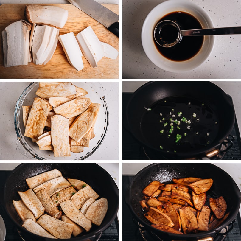 A super easy way to cook king oyster mushrooms with a teriyaki sauce to make a vegan dish that tastes better than meat! {Vegan, Gluten-free adaptable} Teriyaki king oyster mushrooms cooking step-by-step