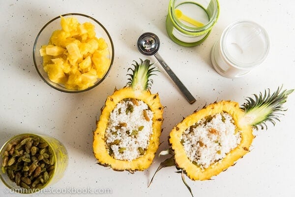 Yunnan Style Pineapple Rice - Gooey and sweet with a nice fruity aroma. It’s a creative side dish that tastes as good as a dessert | www.nrtjwh.eu.org