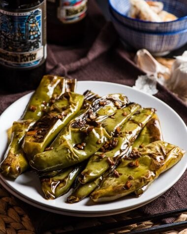 Szechuan Pan Fried Peppers (Tiger Skin Peppers, 虎皮尖椒) - These peppers are pan fried until blistered and tender, then cooked in a sour, savory sauce. A great vegan dish that is hot, flavorful, and appetizing! | www.nrtjwh.eu.org