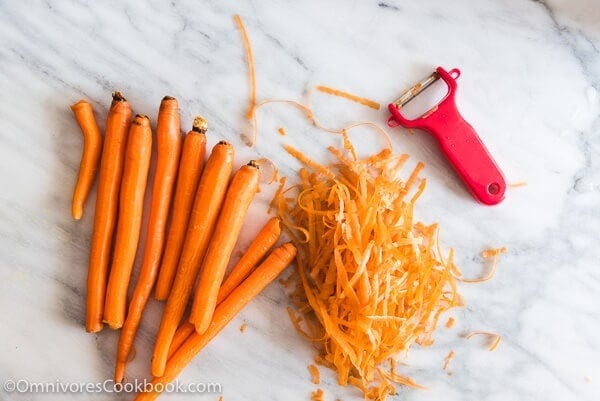 Carrot Dumplings - An elegant vegetarian dumpling that uses carrots, bamboo shoots, mushrooms, and eggs to create a fresh, moist, and rich filling.