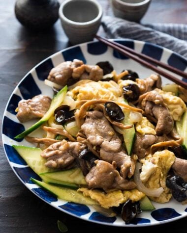 The tender pork, crisp vegetables, crunchy mushrooms, and creamy eggs are brought together by a simple chicken-stock-based sauce, creating a simple and earthy stir fry with great texture and nutrition.