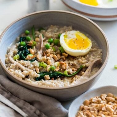 Learn how to create a hearty, whole grain savory oatmeal bowl with only 4 ingredients and in 5 minutes!