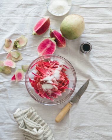 Three-Ingredient Quick Pickled Watermelon Radish | Pickle | Salad | Appetizer | Recipe | Chinese | Asian | Easy | Healthy | Gluten Free | Vegan | Vegetable | Summer |