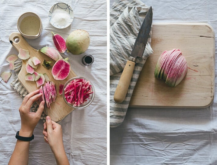 Three-Ingredient Quick Pickled Watermelon Radish | Pickle | Salad | Appetizer | Recipe | Chinese | Asian | Easy | Healthy | Gluten Free | Vegan | Vegetable | Summer |