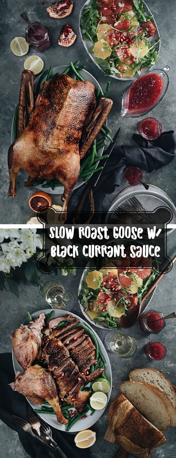 Slow Roast Goose With Black Currant Sauce - A perfect dish for your Thanksgiving or Christmas dinner, which you can make in advance with minimal hands-on time. The recipe yields extra juicy meat with crispy skin.