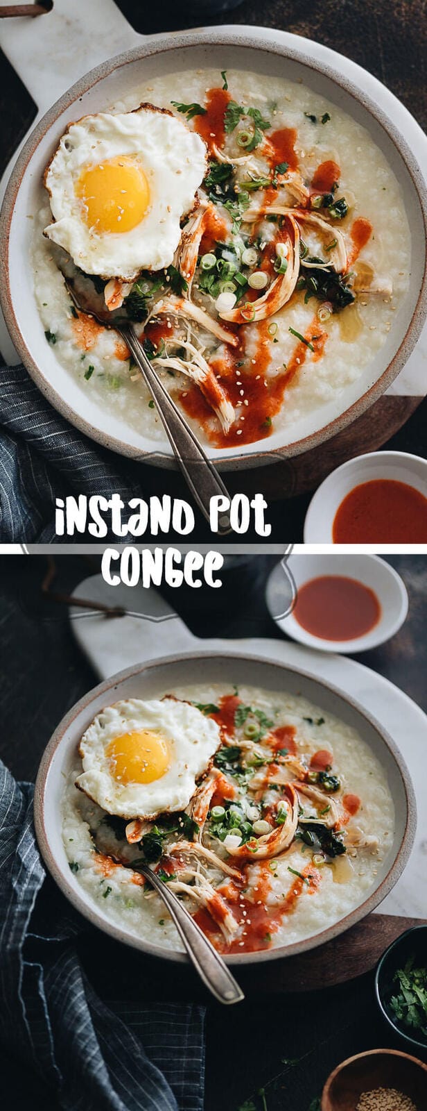 Instant Pot congee with tender chicken and spinach is your perfect one-bowl dinner. It only takes 2 minutes to prepare and you&rsquo;ll have dinner ready in 30 minutes. #glutenfree #recipes #chicken #instantpot