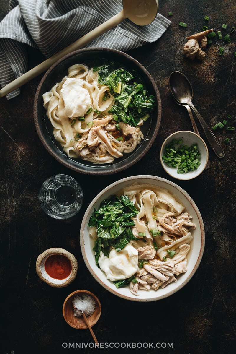 Two bowls of Instant Pot chicken noodle soup