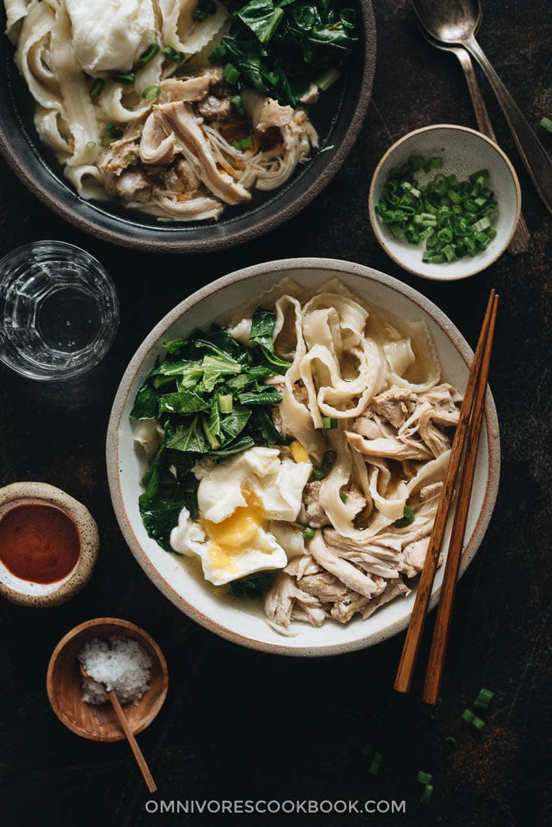 One bowl of Instant Pot chicken noodle soup with soft poached egg