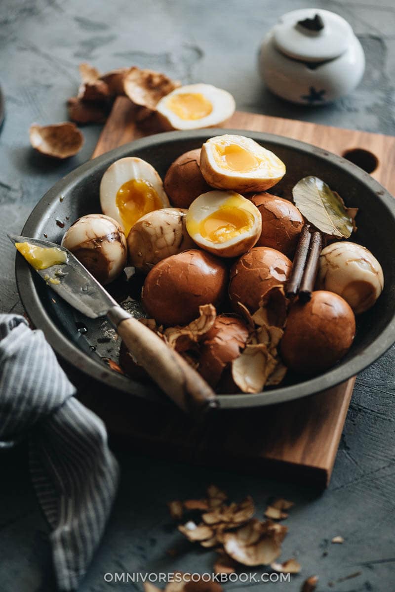Chinese Tea Eggs (w/ Soft and Hard Boiled Eggs, 茶叶蛋) - Make delicious marbled eggs that are bursting with flavor. {Gluten Free adaptable} Chinese Tea Eggs close with runny egg yolk close up