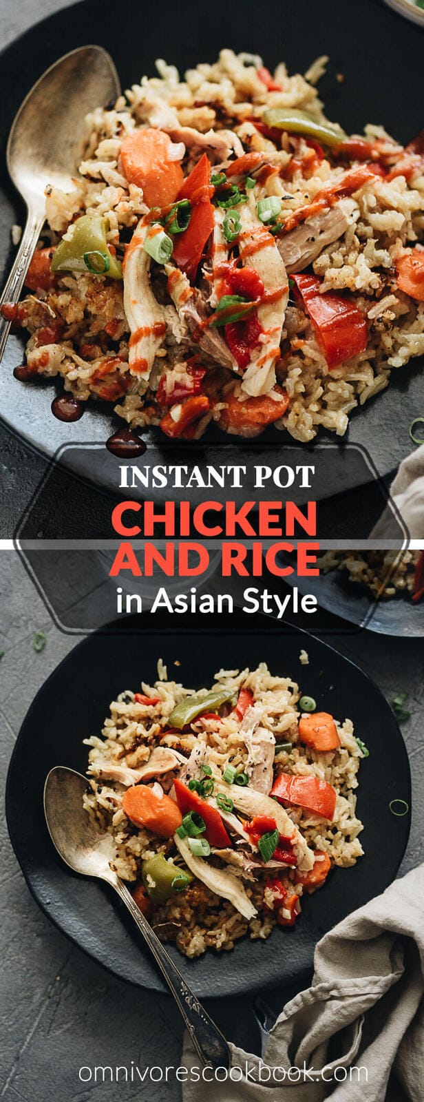 Instant Pot Chicken and Rice (A Pressure Cooker Recipe) - An easy one-pot meal prepared with Asian-style seasonings. The tender rice, juicy chicken, and colorful peppers are cooked with a gingery, garlicky flavor. So irresistible! {Gluten free adaptable} #recipes #asian #onepot #healthy