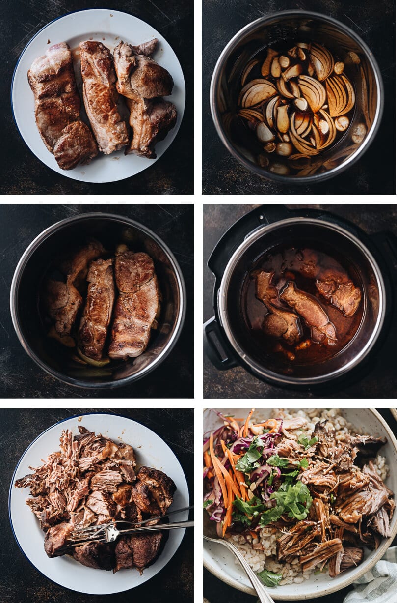 Asian-Style Instant Pot Pulled Pork - Tender, juicy pork with a melt-in-your-mouth texture made in a rich Asian sauce. It’s just about everything you need for a weekday dinner because it takes no time to put together. #easy #glutenfree #recipe #shoulder Asian Instant Pot pulled pork cooking step-by-step pictures