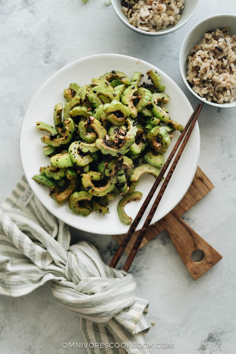 Stir Fried Bitter Melon with Fermented Black Beans - This quick, tasty, and healthy side dish will surprise you with its beautiful simplicity and rich flavor. #glutenfree #chinese #healthy Stir fried bitter melon with fermented black beans