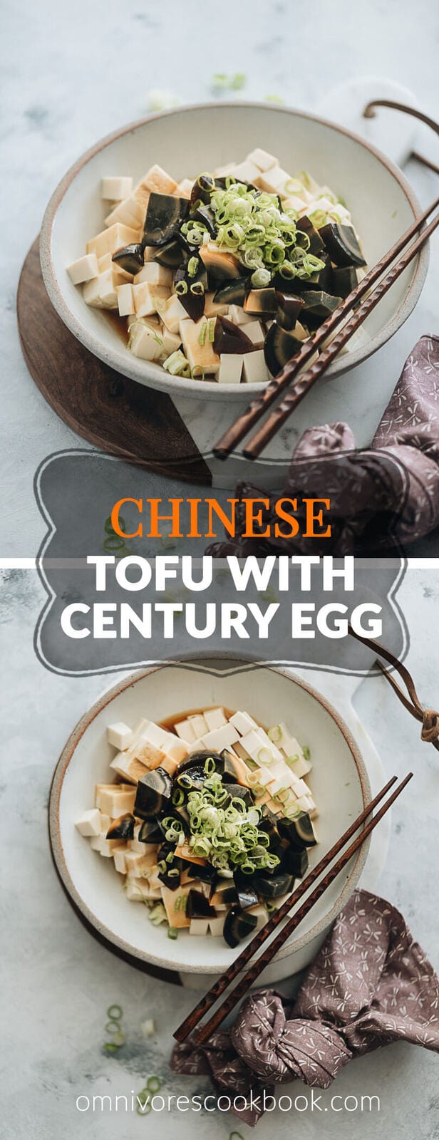 Tofu with Century Egg Salad - A childhood favorite and a popular diner food, the tofu with century egg salad requires just five ingredients and takes five minutes to make. Experiment with this new ingredient if you&rsquo;re interested in discovering what people eat in China. {Gluten-Free adaptable}