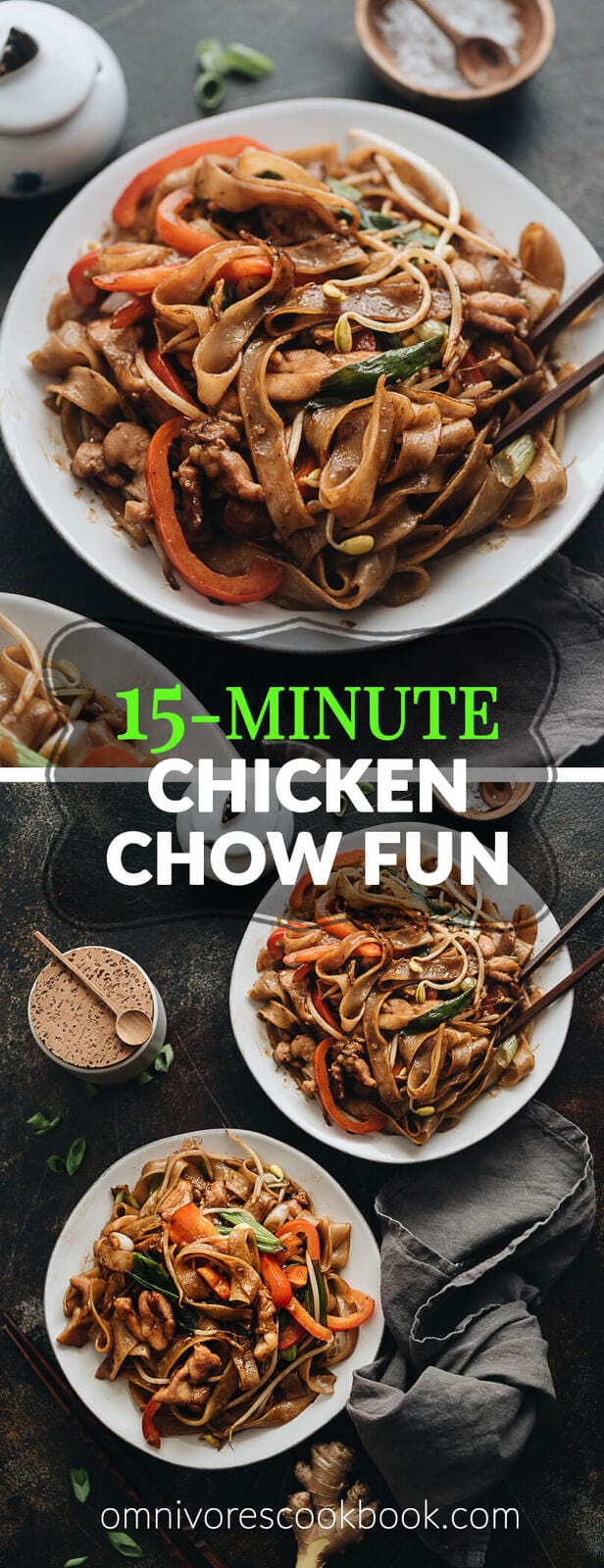 15-Minute Chicken Chow fun - This chicken fried noodle recipe is super fast to make and yields restaurant-style results. The dish is loaded with fat rice noodles, tender chicken, and crisp veggies. No wok required! #recipe #comfortfood #stirfry #glutenfree