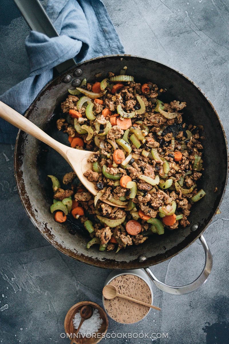 Ground Beef Stir Fry with Celery - A savory beef dish that hits all the right notes and can be on your table in less than 30 minutes. {Gluten-Free adaptable} Ground beef stir fry with celery in a frying pan