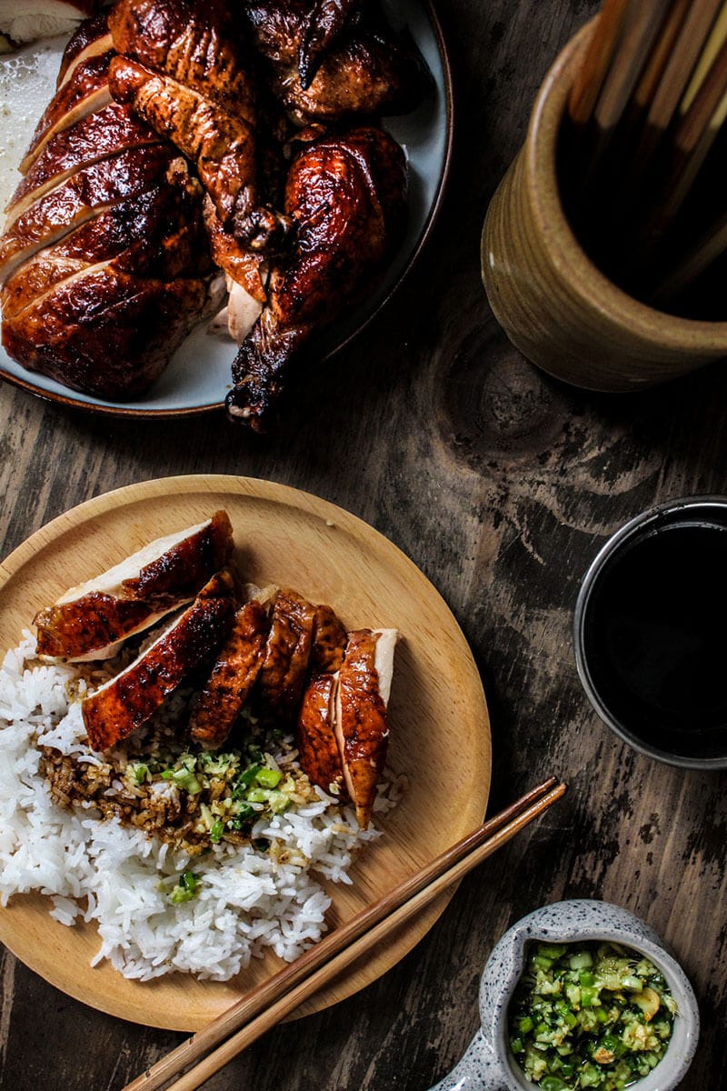 Oven Roasted Peking Chicken - A cross between a roasted chicken and Peking duck, this recipe is for days when you have that craving for peking duck but chicken is all you have to work with. Sliced oven roasted Peking chicken served on steamed rice