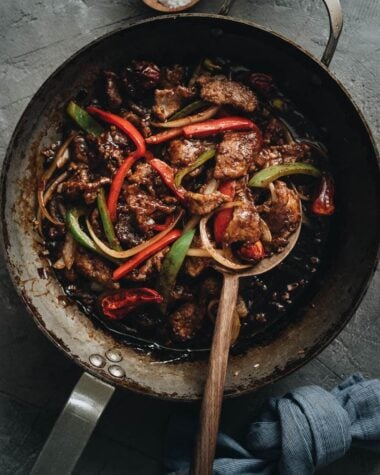 Szechuan beef stir fry in a pan