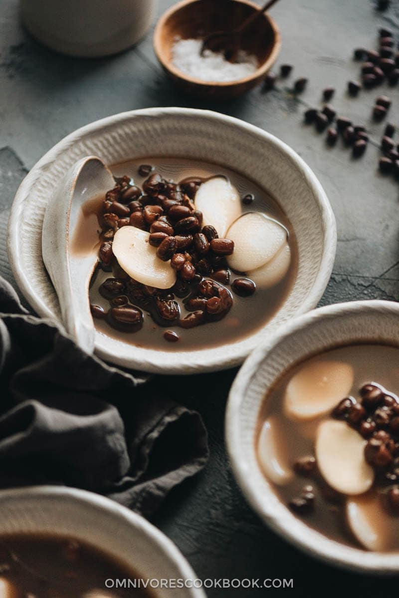 Sweet Chinese red bean soup served in bowls close up