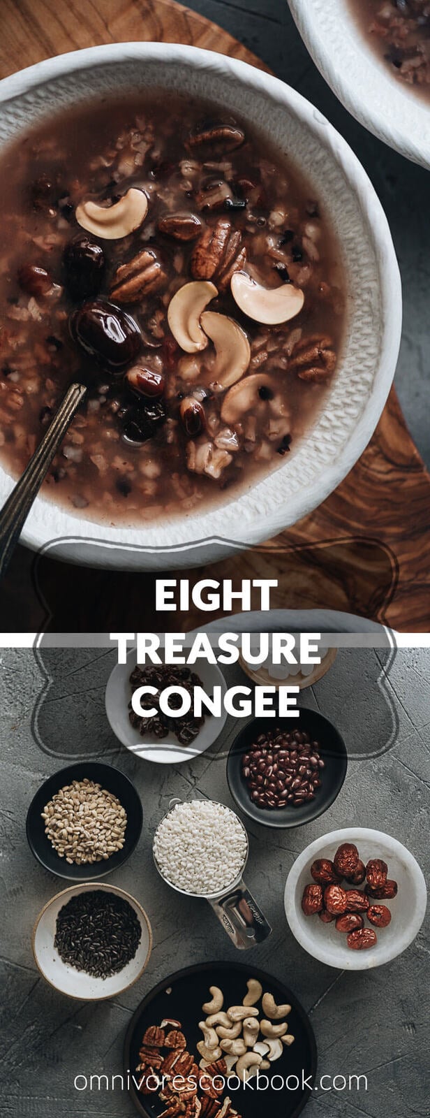 Eight Treasure Congee - Made with whole grains, nuts, and dried fruits, it&rsquo;s nutritious, comforting, and easy to make. It&rsquo;s a perfect side for a weekday dinner and it tastes as good as a dessert. Both stovetop and Instant Pot versions are included. #glutenfree #vegan