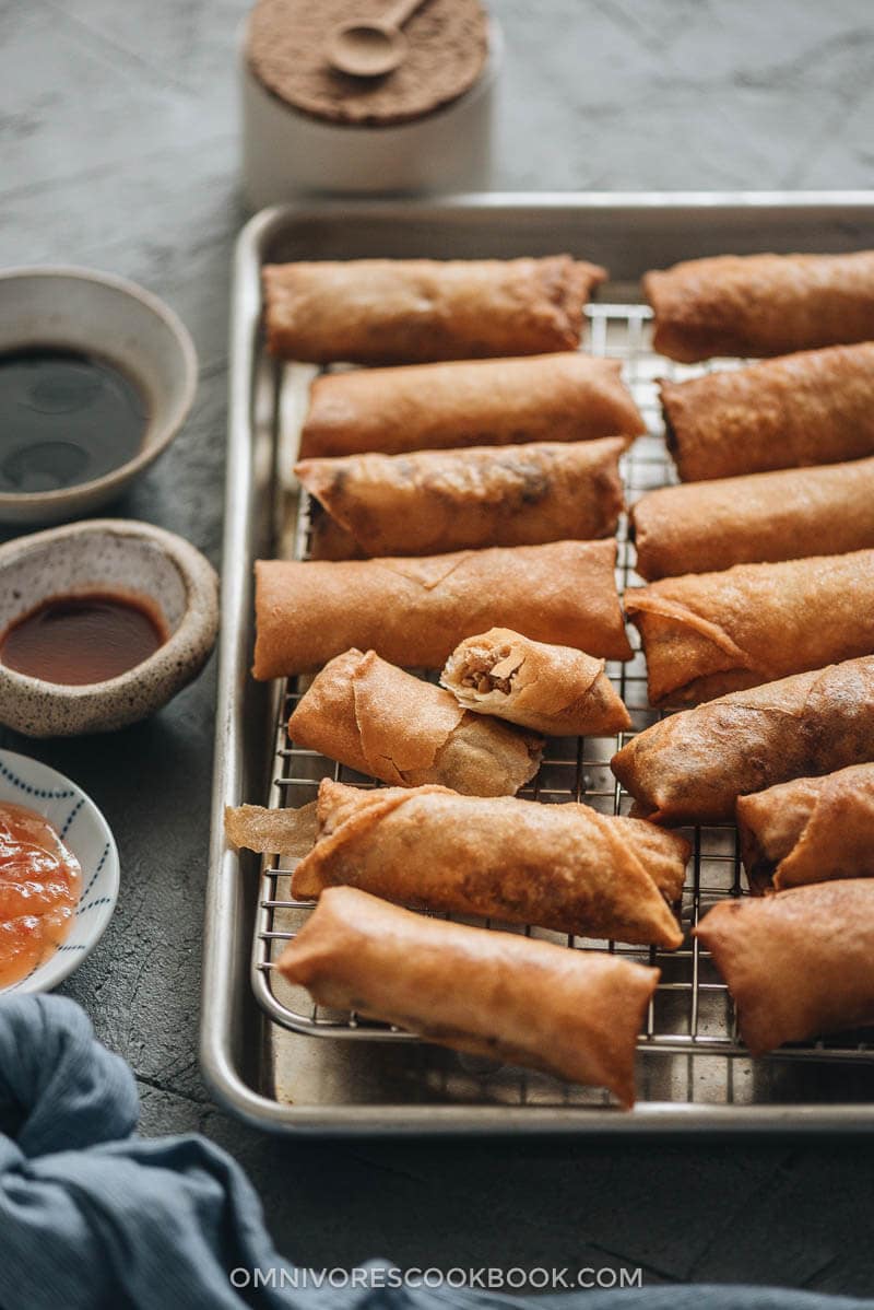 Chinese egg rolls - The ultimate guide to making restaurant-style egg rolls at home. These Chinese egg rolls are filled with tender meat and crunchy vegetables. I’ve included three cooking methods in this recipe and all of them yield a very crispy crust. Make them ahead and serve them as an appetizer at your dinner party or as a snack. #dimsum #takeout Homemade Chinese egg rolls