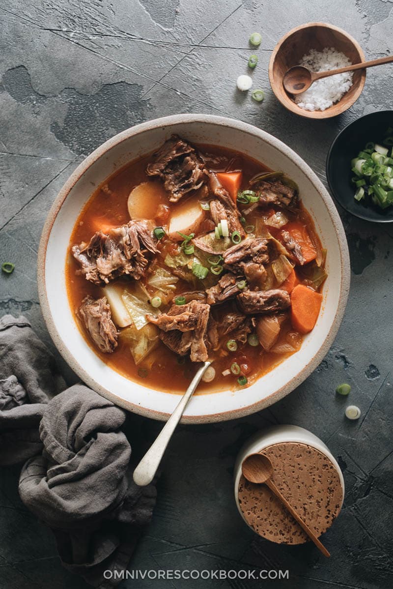 Pressure Cooker Oxtail Soup (An Instant Pot Recipe) - A simplified version using minimal prep and time to cook everything in one pot. No searing or par-boiling required. The oxtails will turn out soft like butter and the soup rich and hearty. Both Instant Pot and stovetop pressure cooker methods are included. {Gluten-Free} Instant Pot oxtail soup