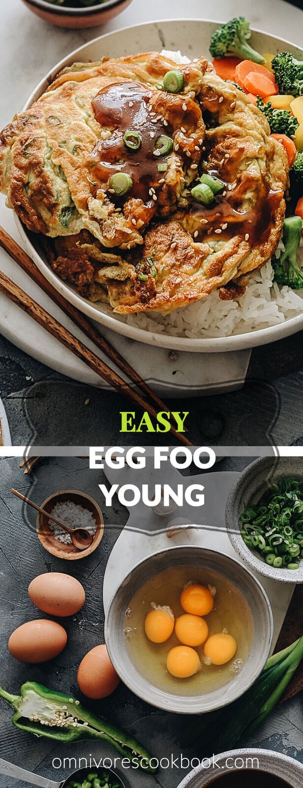 Easy Egg Foo Young - Crispy fluffy egg foo young filled with crisp veggies and aromatic green onion and served with a rich brown sauce. It&rsquo;s super easy to make and tastes so satisfying. Serve it with steamed rice and veggies and you&rsquo;ll have a nutritious meal in no time.