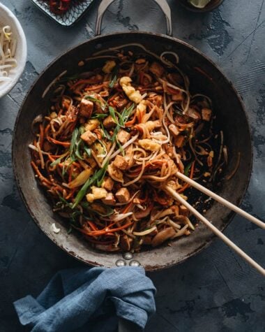 Homemade vegan Pad Thai in a pan