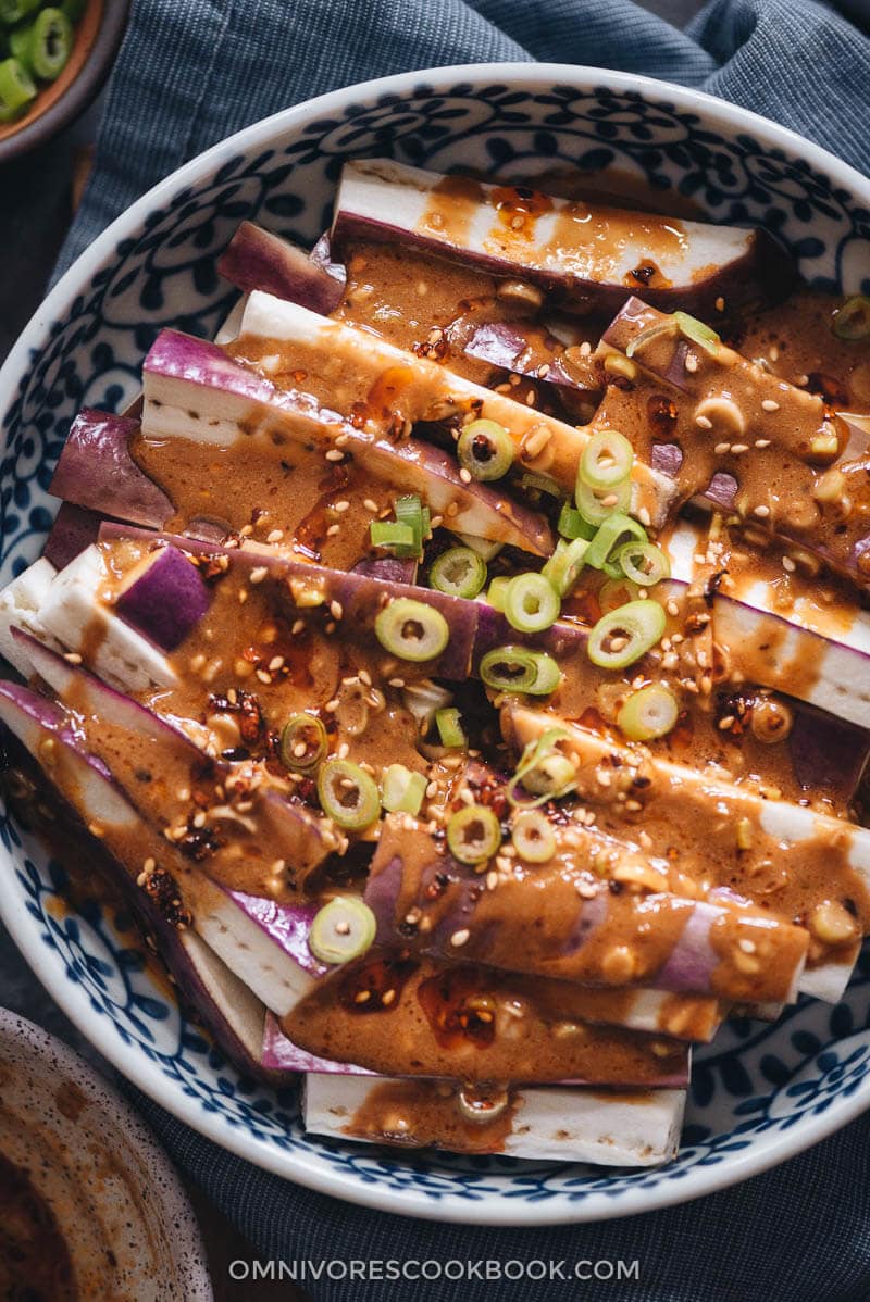 Steamed eggplant in nutty sauce closeup 