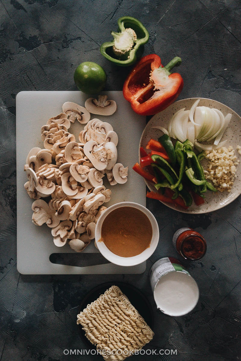This Thai peanut butter ramen is a perfect dish for your weekday dinner. The tender noodles, juicy chicken and colorful veggies are soaked in a rich broth that is nutty, savory, spicy and sweet. It’s so easy to make and you can easily make it into a vegan version as well. Ingredients for making Thai peanut butter ramen