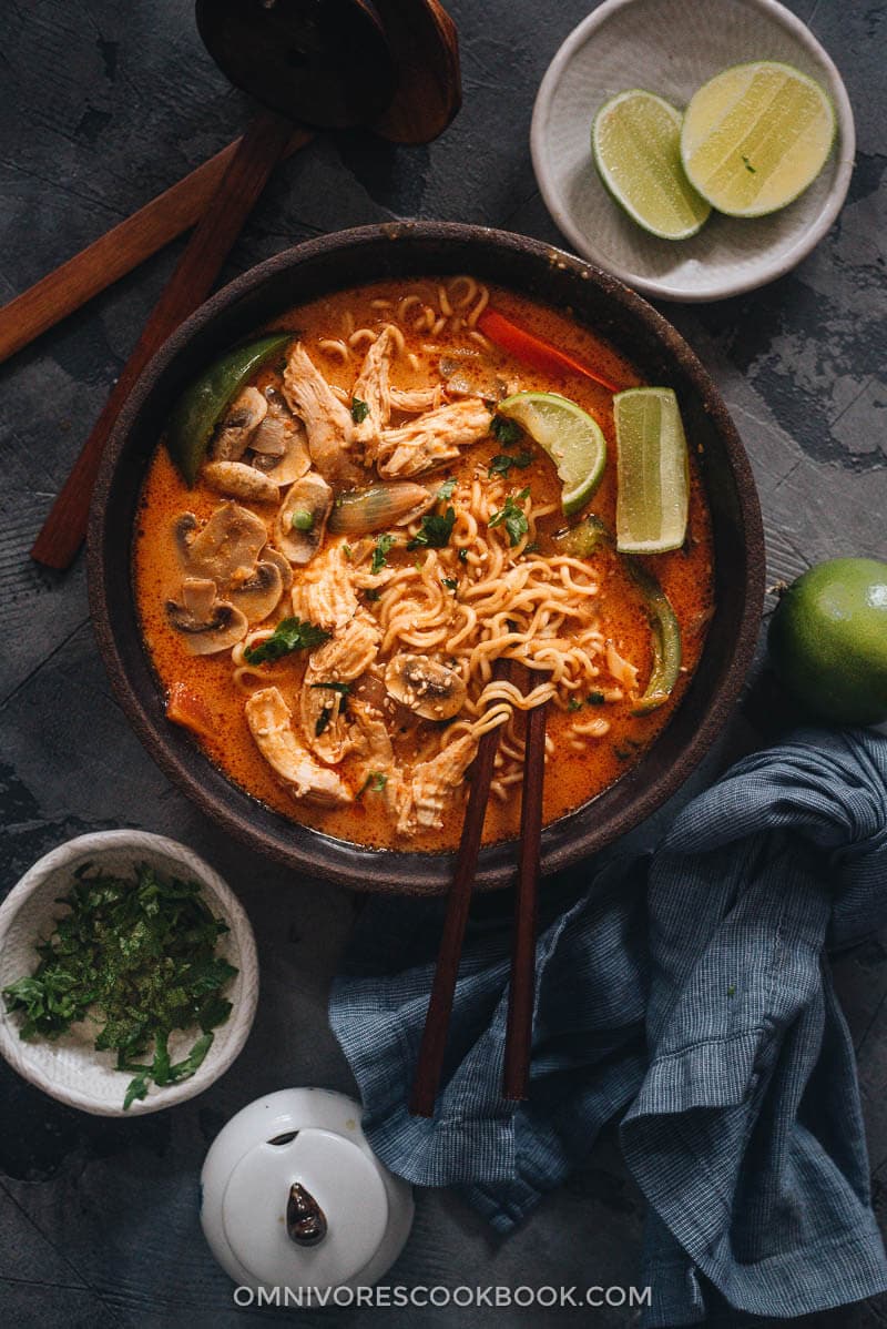 This Thai peanut butter ramen is a perfect dish for your weekday dinner. The tender noodles, juicy chicken and colorful veggies are soaked in a rich broth that is nutty, savory, spicy and sweet. It’s so easy to make and you can easily make it into a vegan version as well. Thai peanut butter ramen in a bowl