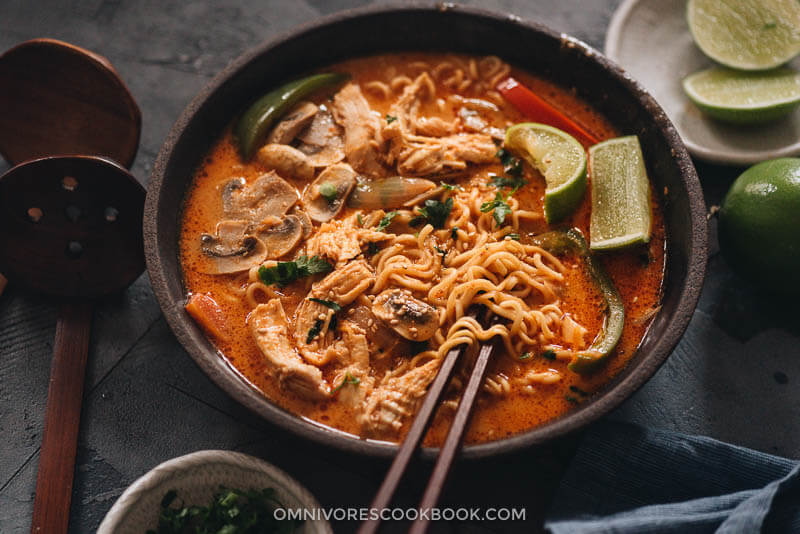 This Thai peanut butter ramen is a perfect dish for your weekday dinner. The tender noodles, juicy chicken and colorful veggies are soaked in a rich broth that is nutty, savory, spicy and sweet. It’s so easy to make and you can easily make it into a vegan version as well. Homemade Thai peanut butter ramen