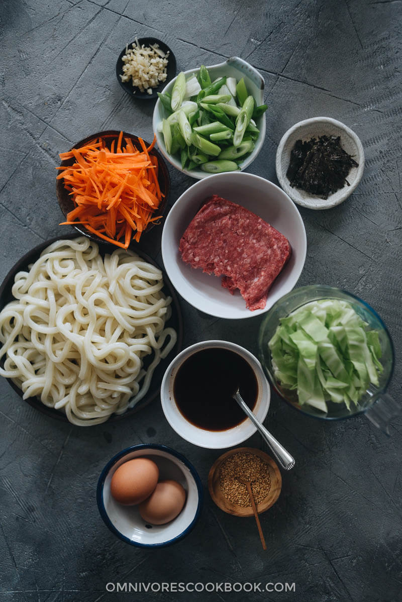 Easy Fried Udon - An easy fried udon recipe with a Chinese twist that yields a rich result that tastes like a beef burger. The recipe calls for very basic ingredients and doesn’t require a wok. Try it out if you like takeout - you’ll like this homemade version even better. Ingredients for making fried udon with ground beef