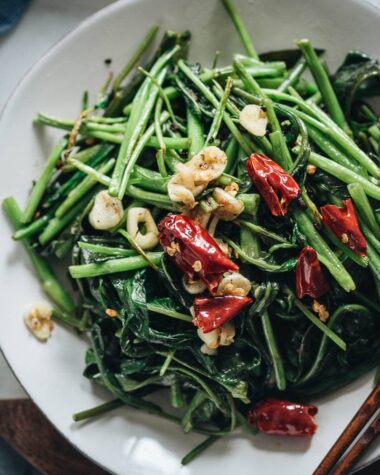 Stir fried water spinach close up