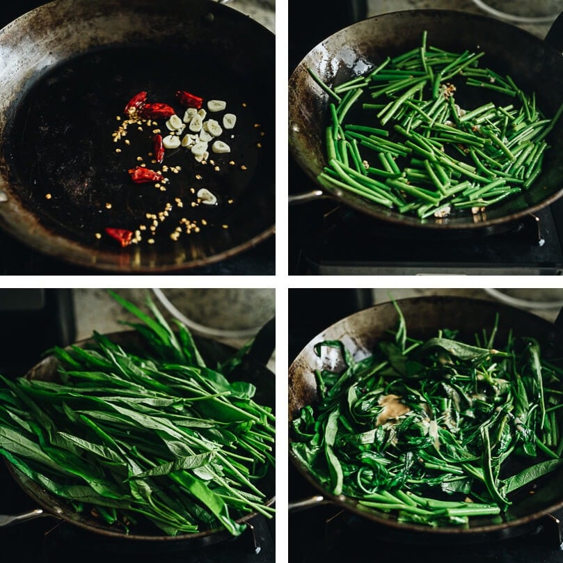 Stir-Fried Water Spinach - Two Ways | Introducing two ways to cook stir-fried water spinach, and both require fewer than five ingredients. Try out this Chinese leafy green to add color and nutrition to your dinner table. {Vegan, Gluten-Free} Stir fried water spinach cooking process