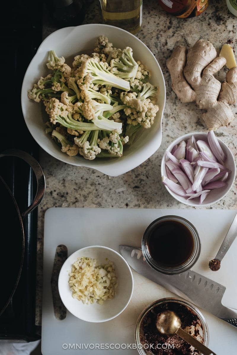 Chinese Cauliflower Stir Fry (干锅菜花) - These crunchy cauliflower bites are cooked in a numbing spicy sauce that is so rich. Even though this recipe is vegan, I’ve included notes on how to add different types of protein, to make a more substantial dish for your dinner. {Vegan, Gluten-Free Adaptable} Ingredients for making Sichuan cauliflower dry pot