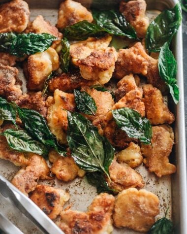 Homemade salt and pepper chicken served in a tray