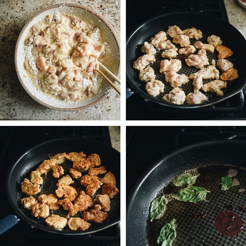 Taiwanese salt and pepper chicken - This recipe uses minimal oil to create the most scrumptious result. These chicken bites are super crispy, juicy, and bursting with flavor. {Gluten-Free} Salt and pepper chicken cooking step-by-step