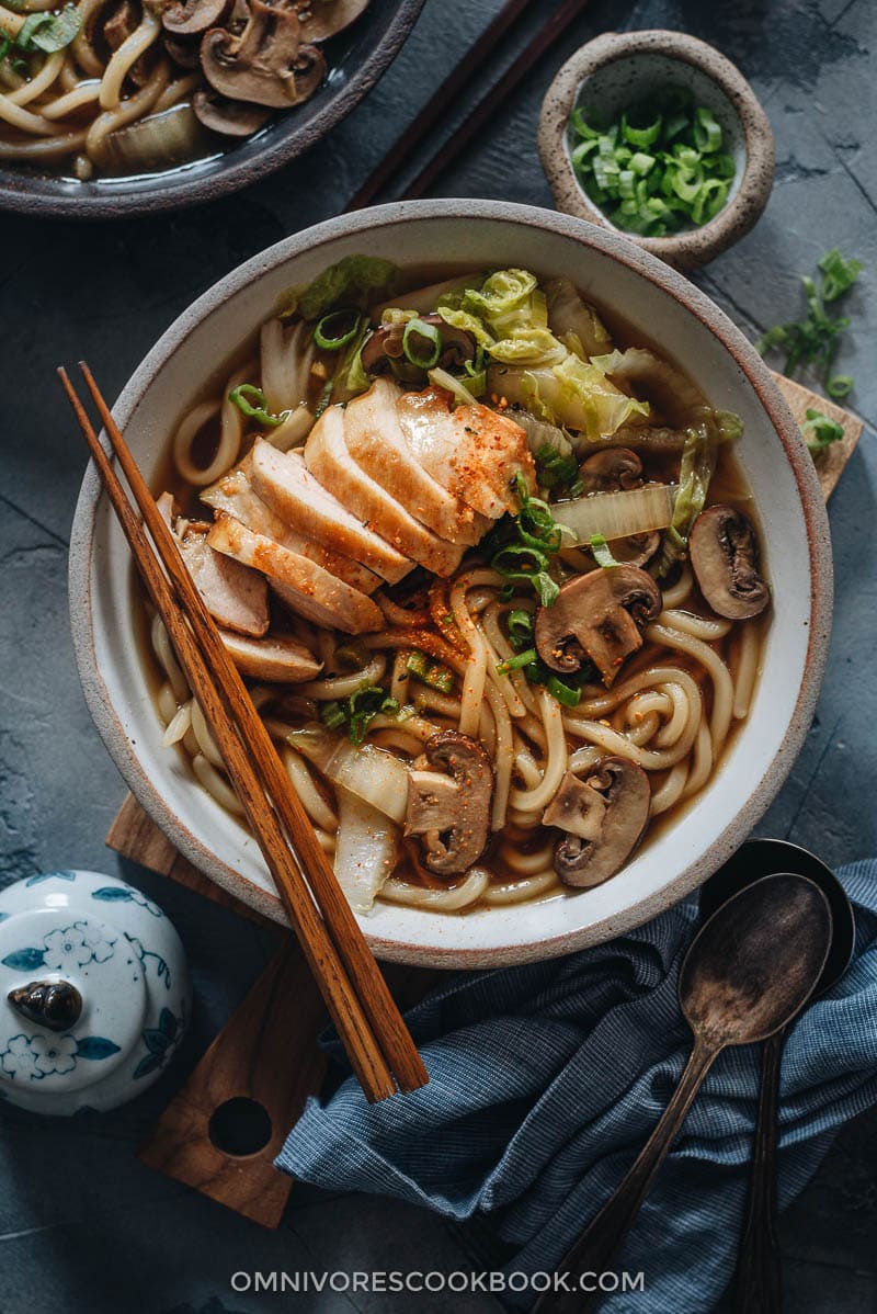 Chicken Udon Soup - A super simple one-pot noodle soup that guarantees maximum satisfaction with beautifully charred chicken, rich soup, thick noodles, and tender veggies. Homemade chicken udon soup