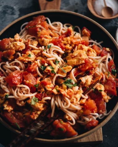 Tomato egg noodles close-up