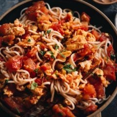 15-Minute Tomato Egg Noodles | Make this dish when you’re in a rush because it takes no time to whip it up for a comforting meal. The scrambled eggs are cooked with tomatoes, aromatics, and a drizzle of soy sauce to create a simple scrumptious sauce, served on top of boiled noodles. So simple and hearty. {Gluten-Free adaptable}