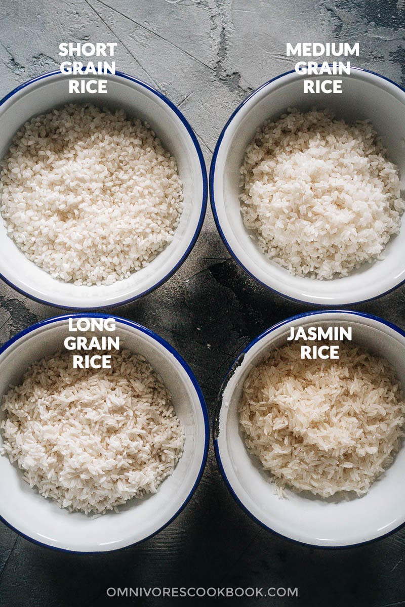 How to Cook Rice - The Ultimate Guide | In this guide, you will find detailed information on how to cook short grain, medium grain, long grain, and jasmine rice in a rice cooker, on the stove top, or in an Instant Pot. I also included the rice-water ratios and a cooking time chart, plus notes on how to adjust the texture of white rice, storage, and more! Four types of raw rice
