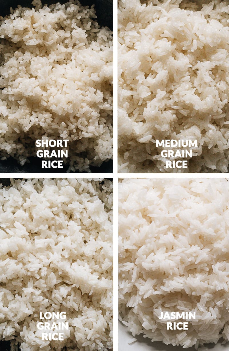 How to Cook Rice - The Ultimate Guide | In this guide, you will find detailed information on how to cook short grain, medium grain, long grain, and jasmine rice in a rice cooker, on the stove top, or in an Instant Pot. I also included the rice-water ratios and a cooking time chart, plus notes on how to adjust the texture of white rice, storage, and more! Four types of cooked rice