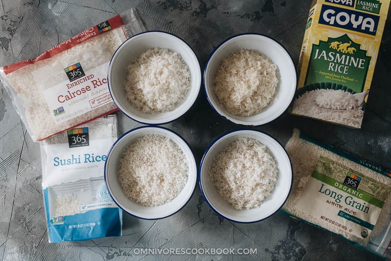 How to Cook Rice - The Ultimate Guide | In this guide, you will find detailed information on how to cook short grain, medium grain, long grain, and jasmine rice in a rice cooker, on the stove top, or in an Instant Pot. I also included the rice-water ratios and a cooking time chart, plus notes on how to adjust the texture of white rice, storage, and more! Four types of raw rice with packages