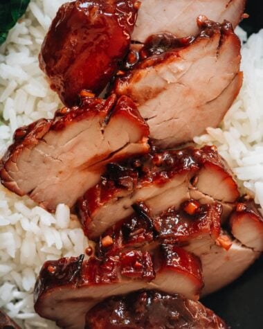 Char siu pork served on steamed rice close-up