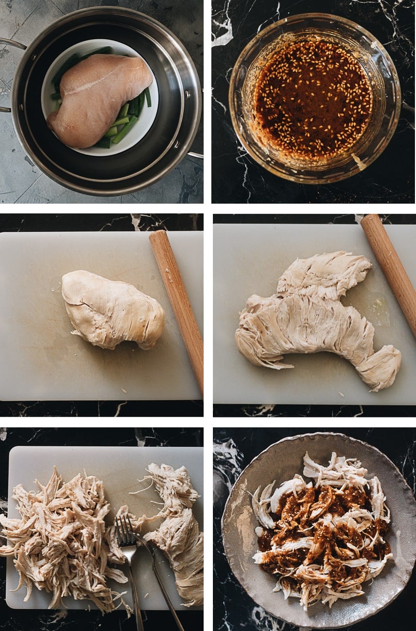 Chinese Bang Bang Chicken (棒棒鸡) - The real-deal Sichuan version of Bang Bang chicken made with juicy tender shredded chicken breast covered with a savory, nutty, spicy sauce with a hint of tangy and sweet notes. Originally a traditional Chinese appetizer, make it ahead and serve it at your next movie night or game day party. Mind blow guaranteed. How to make Chinese bang bang chicken cooking step-by-step