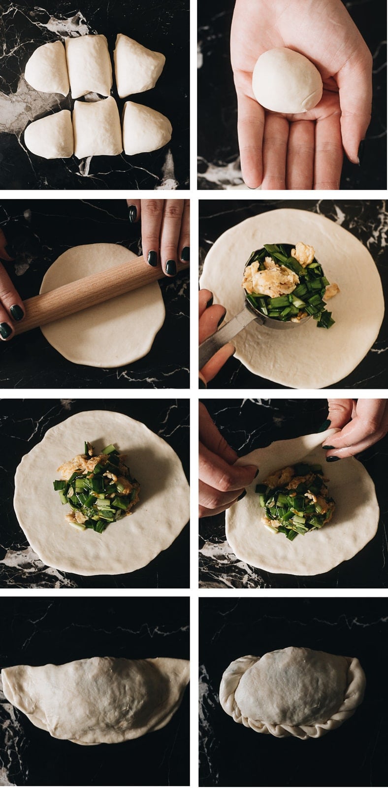 Chinese Chive Pockets (韭菜盒子, Chinese Chive Dumplings) | The super crispy and thin dough is stuffed with a hearty, savory filling made with Chinese chives and scrambled eggs. They’re easier to make than potstickers and have all the goodness that dumplings have, only more satisfying! Chinese chive dumplings assembling step-by-step