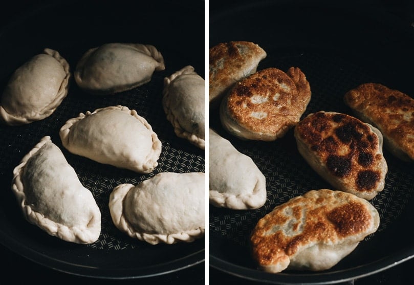Chinese Chive Pockets (韭菜盒子, Chinese Chive Dumplings) | The super crispy and thin dough is stuffed with a hearty, savory filling made with Chinese chives and scrambled eggs. They’re easier to make than potstickers and have all the goodness that dumplings have, only more satisfying! Pan fry Chinese chive pockets