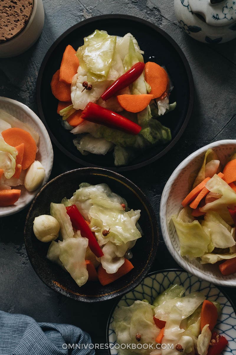 Chinese Pickled Cabbage (A Quick Pickle Recipe) | Make crunchy Chinese pickled cabbage with this quick pickle recipe. It is so easy to prepare, and the result is a well-balanced crisp sweet and sour pickle just like the appetizer you’d get at a Chinese restaurant. {Vegan, Gluten-Free} Sichuan pickled cabbage